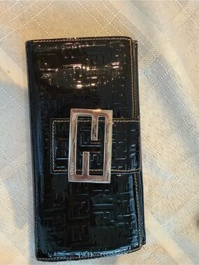 Fendi Black Patent Leather Embossed Logo Phone Wallet Case with Silver Buckle